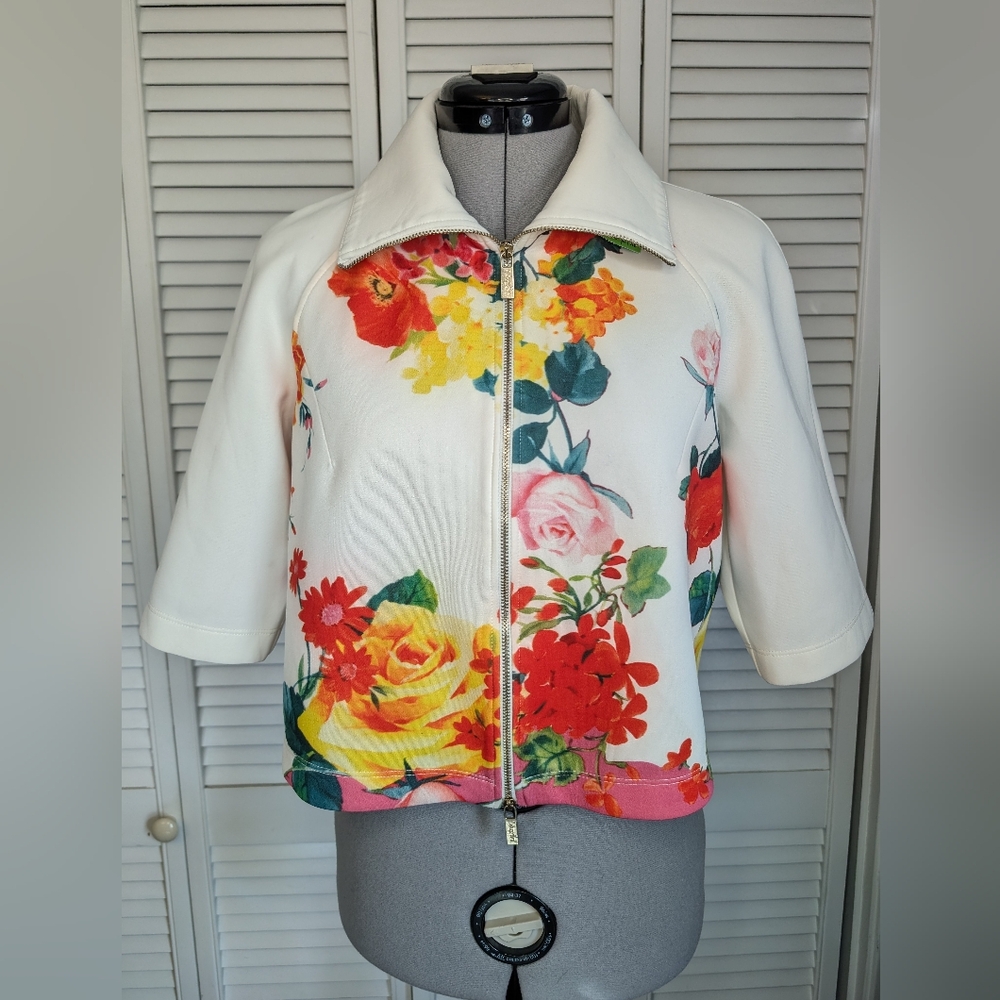 BLUGIRL BLUMARINE Floral White Multi Collared Ziped Jacket 3/4 Sleeve Si…